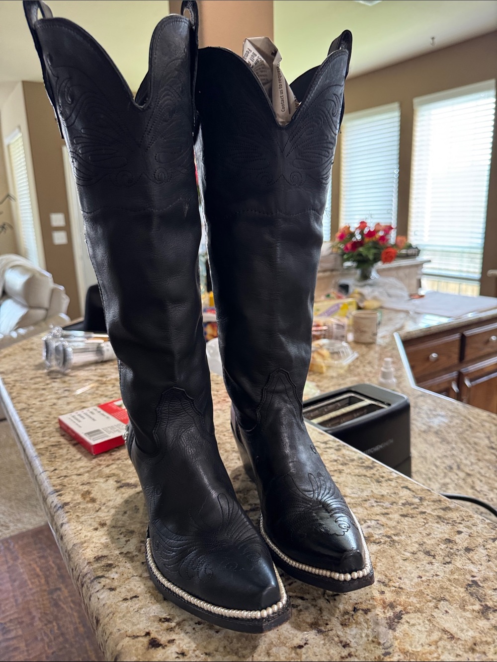Tony Lama Black Leather Western Knee-High Boots wPearl Detail and Star Accent - Picture 2 of 10